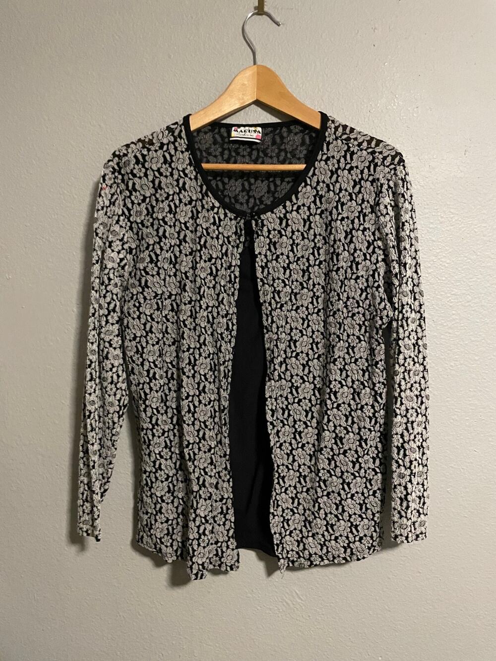 Vintage Womens Cardigan Size 2X Black Floral Mesh Lace Romantic Cottagecore 90s